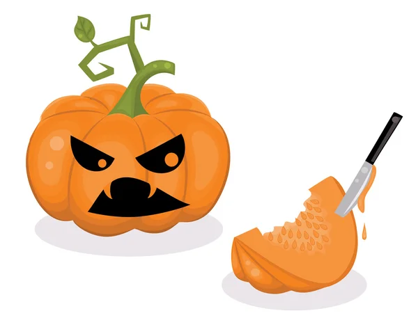 Scared pumpkin and a piece of a pumpkin with a knife inside. — Stock Vector