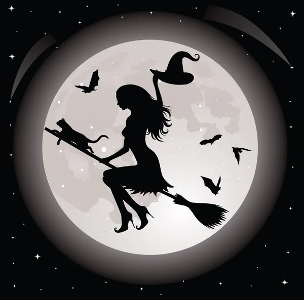 Silueta de una bruja y un gato volando sobre una escoba. Luna llena y murciélagos en el fondo . — Vector de stock