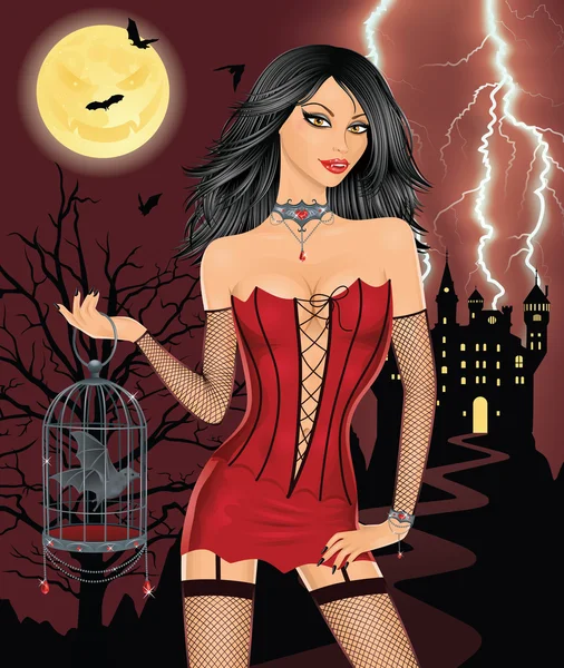 Sexy Vampir hält einen Käfig mit einer Fledermaus im Inneren. Vollmond mit einem beängstigend lächelnden Gesicht, fliegende Fledermäuse, Silhouette eines Baumes und eines Schlosses auf einem Berg im Hintergrund. Blitz am Himmel. — Stockvektor
