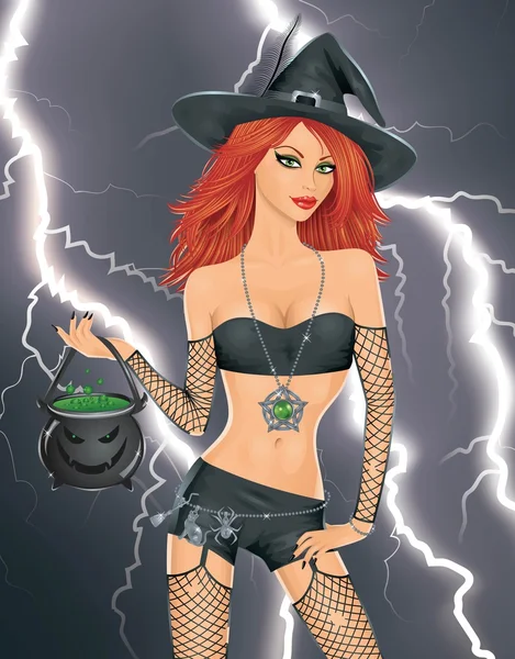 Sexy witch with red hair holding a pot with a scary face with green liquid inside. Lightning on the background. — Stock Vector