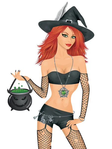 Sexy witch on the white background with red hair holding a pot with a scary face with green liquid inside. — Stock Vector