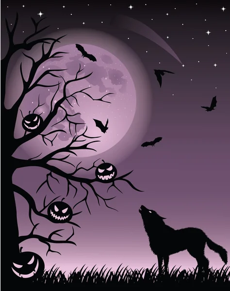 Full moon, flying bats and silhouette of a wolf and tree with pumpkins. — Stock Vector