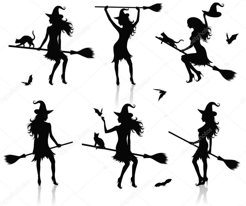 Collections of vector silhouettes of a witch with a broom.