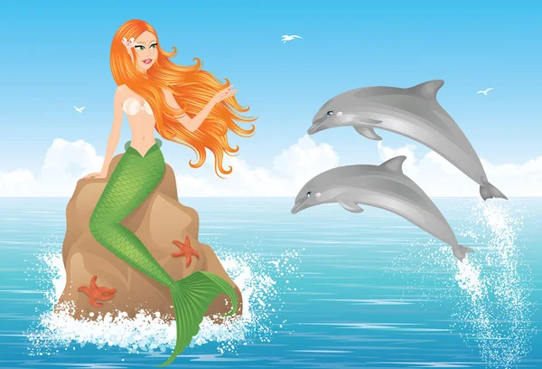 Mermaid is sitting on a rock in the sea and reaching for two dolphins that are jumping out of the water. — Stock Vector