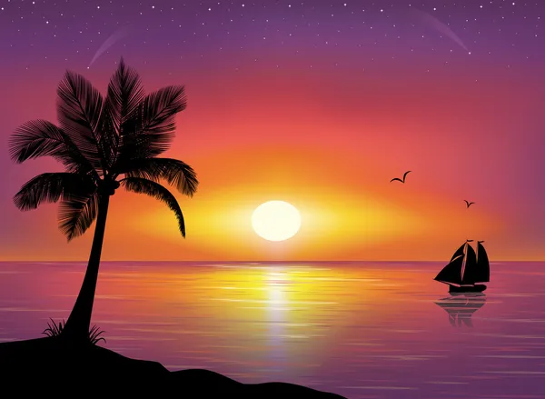 Silhouette of a ship at the sea and silhouette of palm tree in the foreground. Beautiful Sunset and stars at the seaside in the background. — Stock Vector