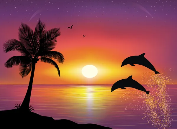 Silhouette of two dolphins jumping out of water in the ocean and silhouette of palm tree in the foreground. Beautiful Sunset and stars at the seaside in the background. — Stock Vector