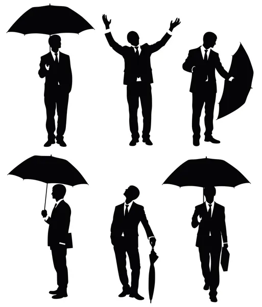 Conjunto de siluetas de un hombre de negocios con paraguas . — Vector de stock
