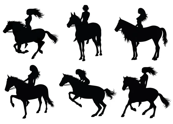 Set di una silhouette di una donna a cavallo — Vettoriale Stock