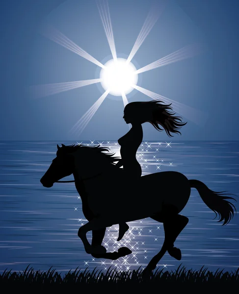 Silhouette of a woman riding a horse on the shore. — Stock Vector