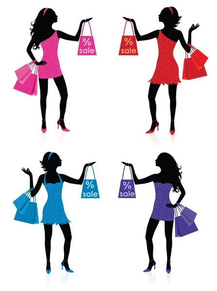 Siluetas de mujeres con bolsas de compras . — Vector de stock