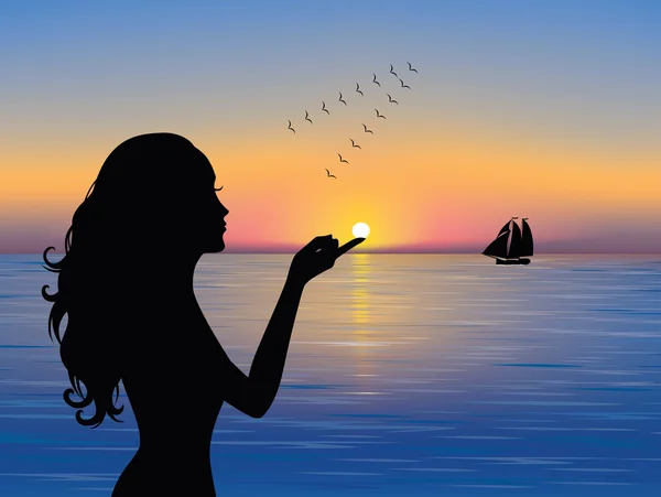 Silhouette of graceful woman touching the sun. A ship in the distance and a flock of birds flying south. — Stock Vector