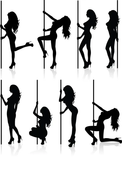 Set of vector silhouettes of a naked stripper woman with a pole. — Stock Vector
