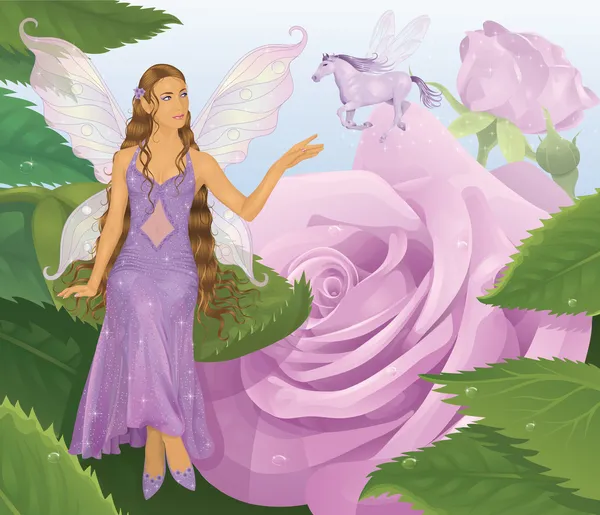 Фиолетовая фея сидит на листе и тянется к летающей волшебной лошади. Розовые розы на заднем плане . — стоковый вектор
