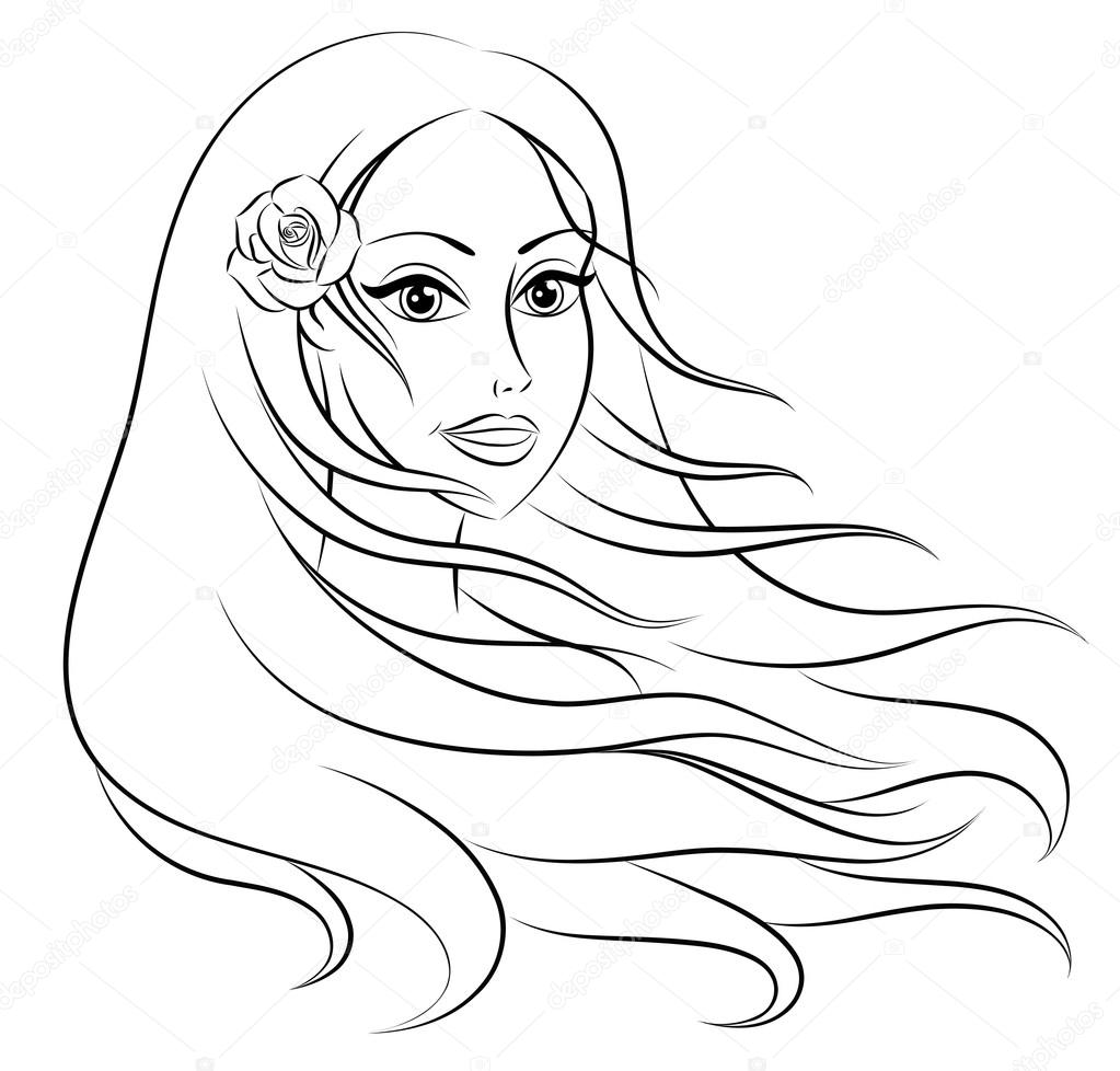 Download Outline of a head of a young beautiful woman with long hair. — Stock Vector © oksanello #19062871