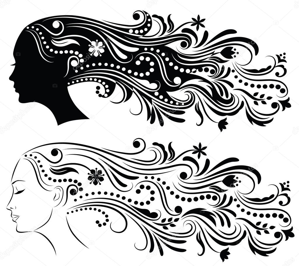 Set of Outline of a profile of a young woman with abstract hair.