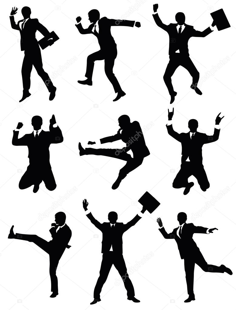 Set of silhouettes of a businessman jumping.