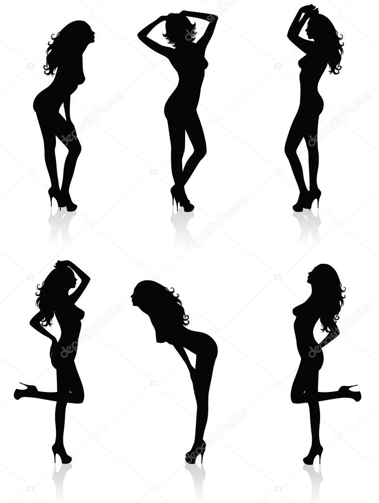 Collections of Vector silhouettes of a standing woman.