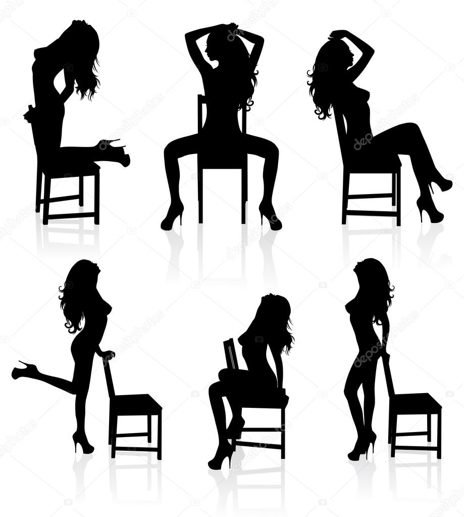 Set of vector silhouettes of a naked stripper woman with a chair.