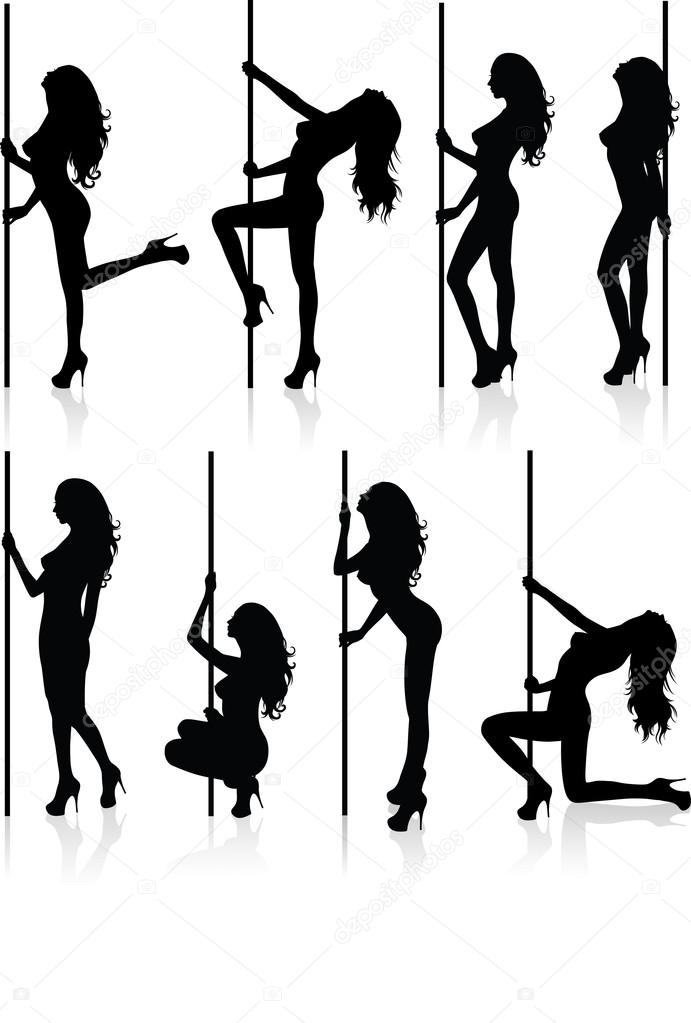Set of vector silhouettes of a naked stripper woman with a pole.