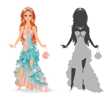 Silhouettes of a girls princess wearing mermaid dress.