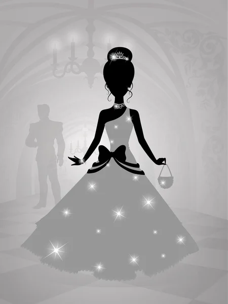 Silhouette of a cute princess in castle waiting for the prince — Stock Vector