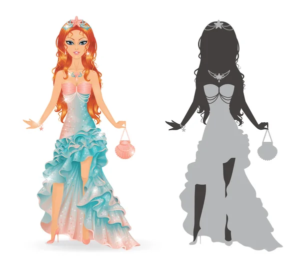 Silhouettes of a girls princess wearing mermaid dress. — Stock Vector