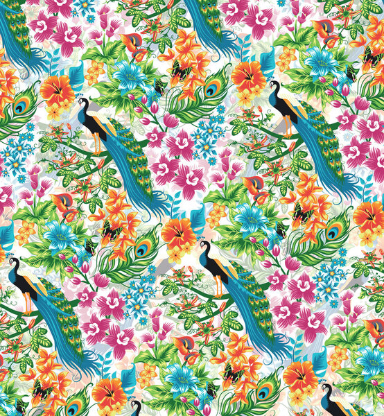 Seamless tropical pattern with peacocks and flowers.