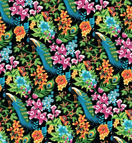 Tavus kuşu ve çiçeklerle Dikişsiz tropikal desen.