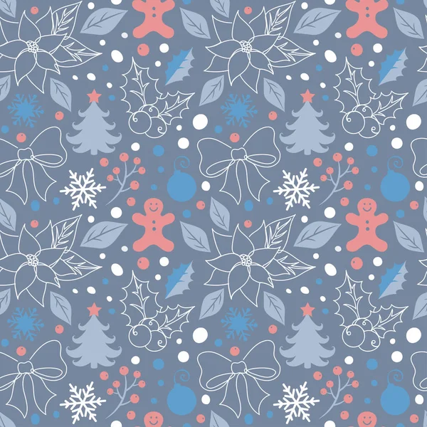手描きリニアスタイルでクリスマスの詳細とシームレスなパターン 休日の紙を包む 現代の連続線画ベクトル図と抽象的な形状 スノーフレークとポインセチアの花 — ストックベクタ