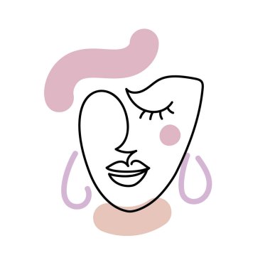 Soyut şekilli, modern, minimalist ve minimalist bir kadının yüzü. Devamlı siyah çizgi, basit çizim. Beyazda izole edilmiş. Vektör moda illüstrasyonu.