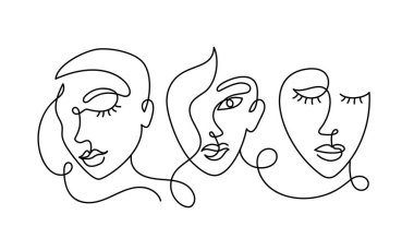 Soyut bir kadının yüzü soyut minimalist bir çizgide. Devamlı siyah çizgi, basit çizimlerle karşılaşıyor. Beyazda izole edilmiş. Vektör moda illüstrasyonu.