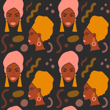 Kusursuz desen. Düz bir sanat eseri olan siyah bir kadın ve soyut şekiller. Güzel yüzlü genç bir Afrikalı Amerikalının kadın portresi. Moda Vektörü İllüstrasyonu.
