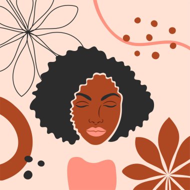 Çizgisel tropikal yaprakları ve güzel siyah bir kadını olan soyut bir arka plan. Güzel yüzlü genç bir Afrikalı Amerikalının kadın portresi. Moda Vektörü İllüstrasyonu.