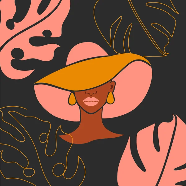 Fond Abstrait Avec Des Feuilles Tropicales Linéaires Une Belle Femme — Image vectorielle
