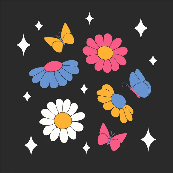 Retro Sedmikrásky Motýly Jiskrami Letní Jednoduché Minimalistické Květiny Rostliny Stylu — Stockový vektor