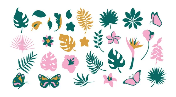 Set abstrait avec feuilles tropicales art plat. — Image vectorielle