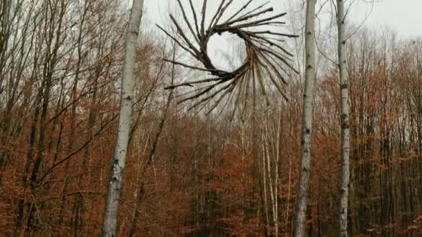 Fa ijesztő boszorkány szobor az őszi erdőben. — Stock videók