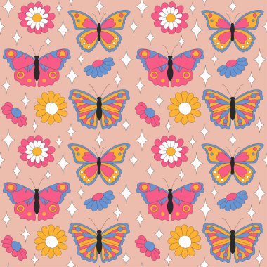 Retro papatyalar ve parlak arka planda parıltılar.