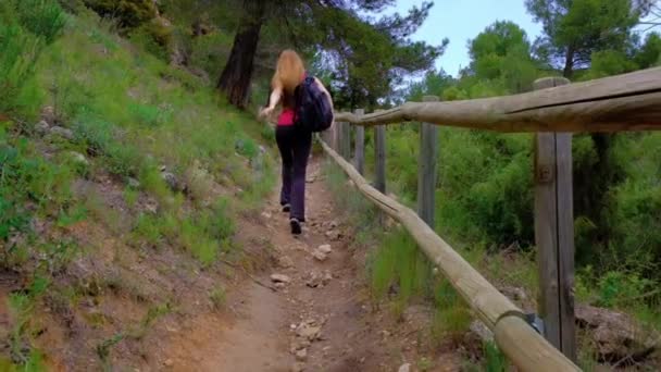 Woman is having fun. Girl is dancing and jumping. Hiking in nature. — Stockvideo