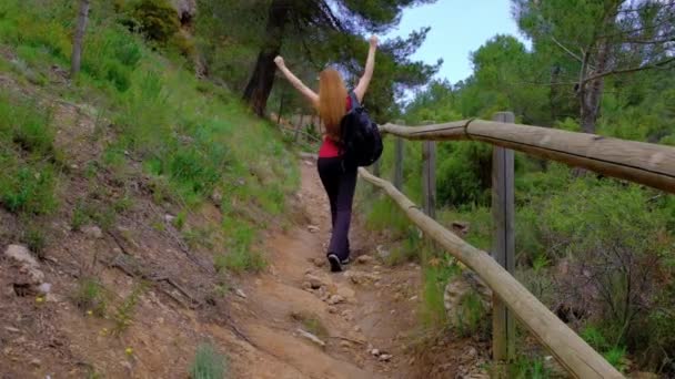 Woman is having fun. Girl is dancing and jumping. Hiking in nature. — ストック動画