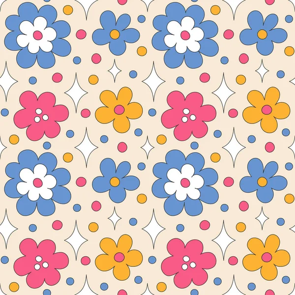 Seamless pattern with retro flowers and sparkles. — Stockvektor