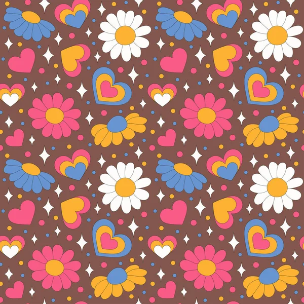 Seamless pattern with retro daisies with hearts. — Stockvektor