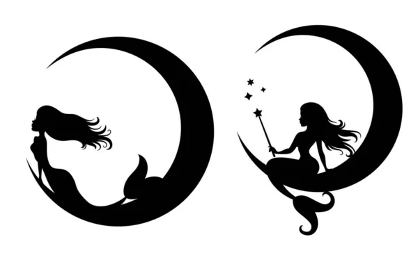 Silhouettes of mermaids sitting on a moon. — 图库矢量图片