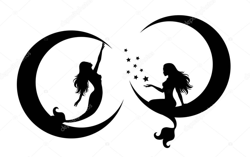 Vector illustration silhouettes of mermaids sitting on a crescent moon. One mermaid is holding stars and another magic stars. Black color isolated on white.