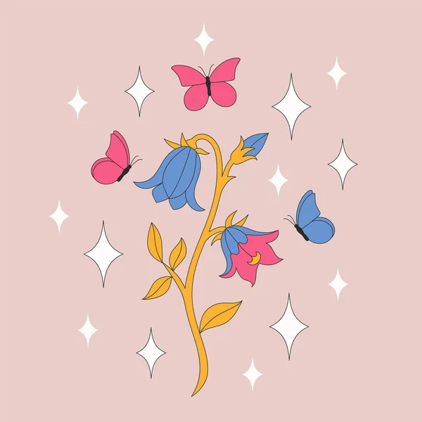 Retro borůvka s krásnými motýly a jiskry. — Stockový vektor