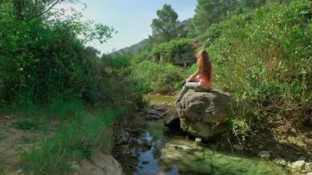 Die Frau Sitzt Auf Einem Stein Und Genießt Die Natur — Stockvideo