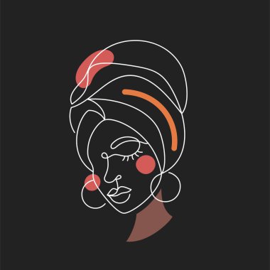 Türbanlı Afro Amerikalı bir kadının yüzü. Modern soyut, minimalist, tek çizgi şeklinde, az şekilli. Afrikalı bir kızın sürekli çizdiği siyah çizgi. Vektör illüstrasyonu.