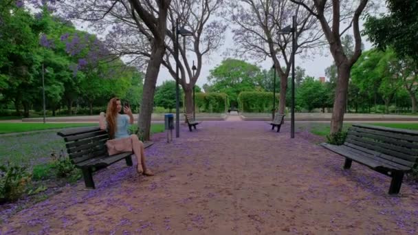 女は電話で自撮りしている 紫色のジャカランダが咲く美しい公園 ロマンチックな魔法の雰囲気 緑豊かな葉 夏の自然 — ストック動画