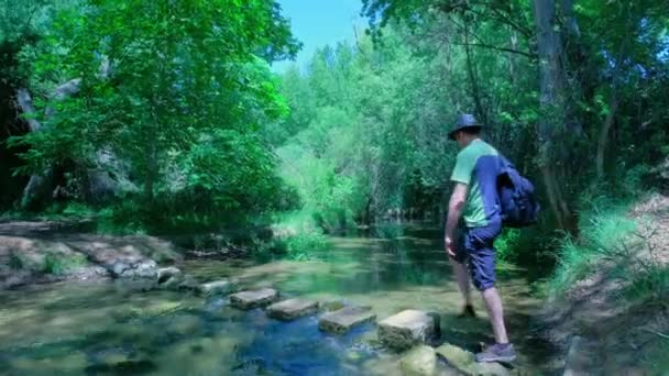 Mann Überquert Mit Rucksack Einen Fluss Männchen Wandern Der Natur — Stockvideo