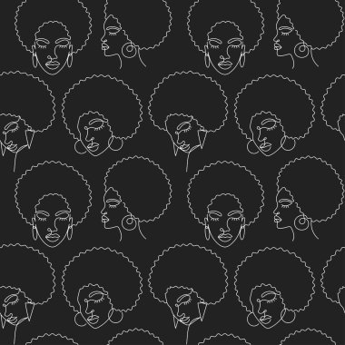 Kusursuz desenli, modern, soyut, minimalist, minimal şekilli Afro bir kadın yüzü. Afrikalı bir kızın sürekli çizdiği siyah çizgi. Vektör illüstrasyonu.